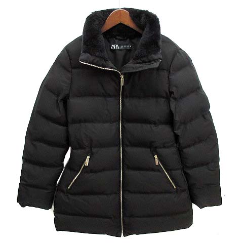 ザラ ZARA ダウンコート ウエストマーク フード ファー ブラック 黒 M