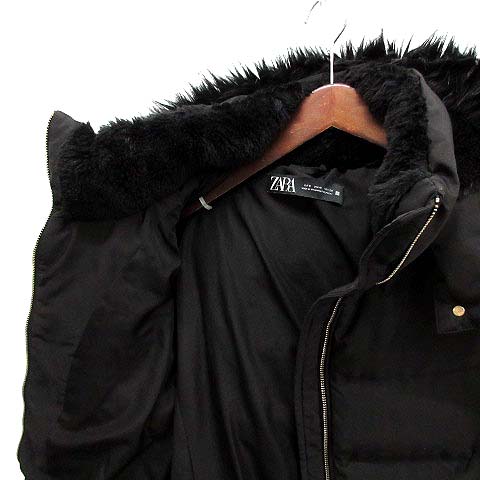 ザラ ZARA ダウンコート ウエストマーク フード ファー ブラック 黒 M