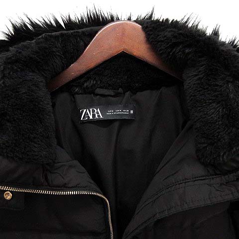 ザラ ZARA ダウンコート ウエストマーク フード ファー ブラック 黒 M