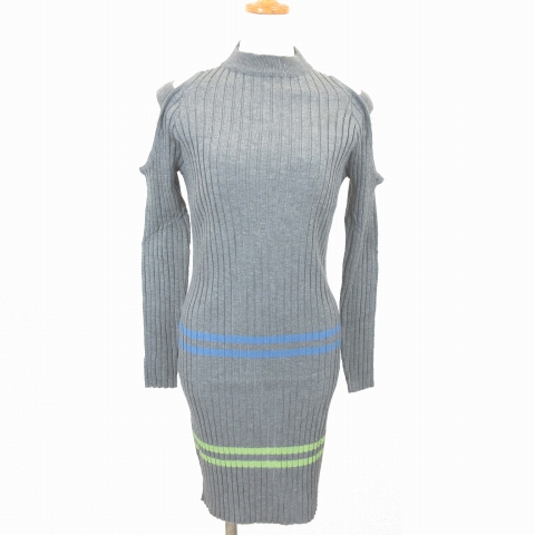 未使用品 ミリオンカラッツ Million Carats ワンピース 長袖 ニット リブ ハイネック オープンショルダー ライン タイト 膝丈 F グレー レディース 016 ベクトルパーク