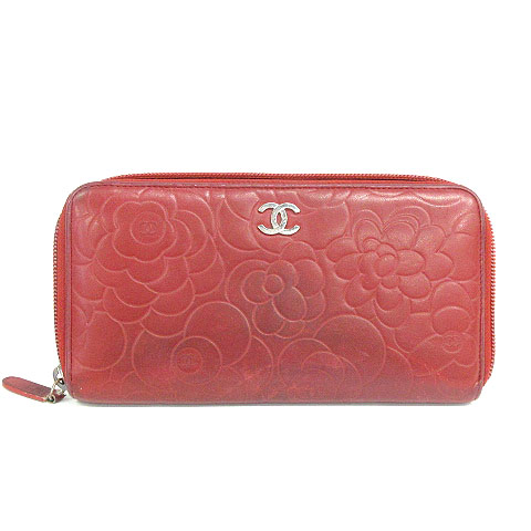 シャネル CHANEL カメリア 長財布 ラウンドファスナー 型押し レッド  