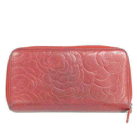 シャネル CHANEL カメリア 長財布 ラウンドファスナー 型押し レッド 