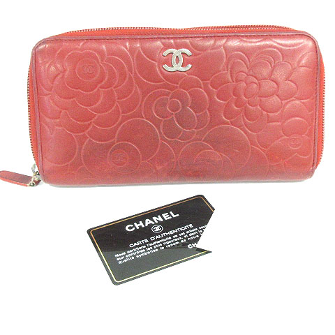 シャネル CHANEL カメリア 長財布 ラウンドファスナー 型押し レッド 