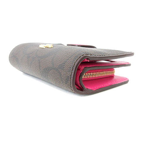 コーチ COACH ラグジュアリー シグネチャー PVC レザー ミディアム コーナー ジップ ウォレット 二つ折り 財布 F54023 ブラウン ピンク 200407Y レディース