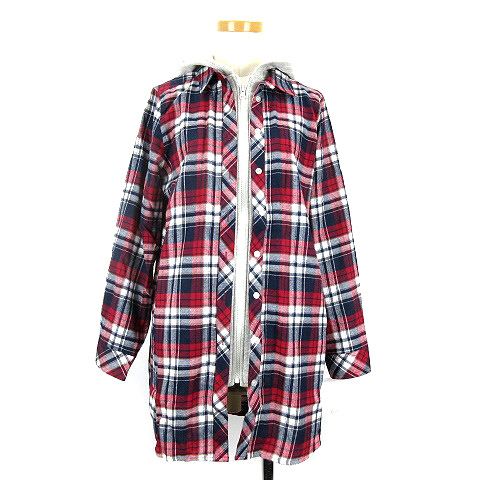 未使用品 プロバドール Provador フェイクレイヤード チェック シャツ パーカー 薄手 M レッド ネイビー 19o Oim レディース 016 ベクトルパーク