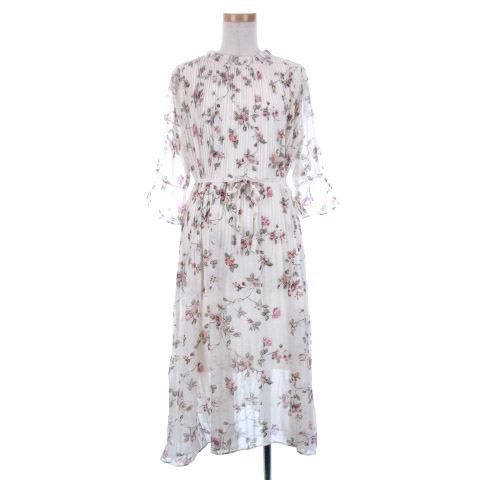 アクシーズファム Axes Femme 細プリーツ 半袖 ワンピース 花柄 シフォン ミモレ丈 M 生成り ホワイト 2105o Oim レディース 016 ベクトルパーク
