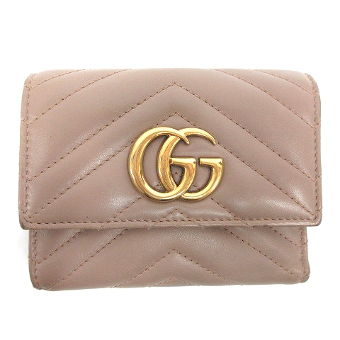 グッチ GUCCI GGマーモント レザー ミニウォレット 三つ折り財布 474802 ベージュ ☆AA★ レディース