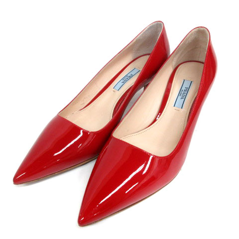 プラダ PRADA ポインテッドトゥ パンプス エナメル 36.5 レッド 靴 EC8 