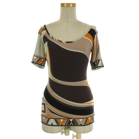 エミリオプッチ EMILIO PUCCI カットソー 半袖 総柄 ブラウン系 XS 220422E RRR レディース 大幅割引 エミリオプッチ カットソー Tシャツ/カットソー(半袖/袖なし)