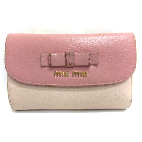 ミュウミュウ Miumiu 二つ折り 財布 レザー バイカラー リボン ベージュ ピンク レディース 016 ベクトルパーク