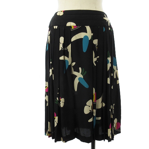 シャネル CHANEL スカート ひざ丈 花柄 フラワー プリーツ シルク ロゴ  