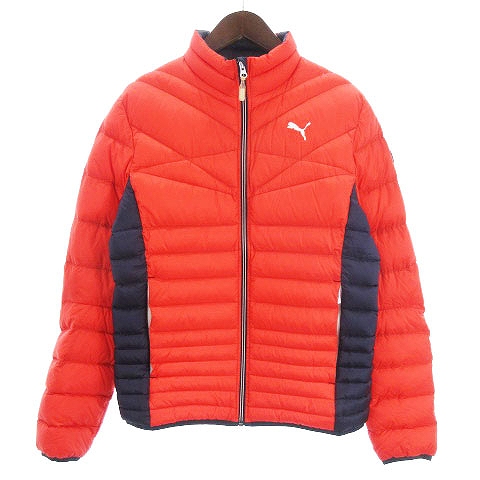 プーマ★ダウン ダブルジップ ロングコート オレンジ Mサイズ PUMA プーマ ダウンベスト オレンジ×白 格子織生地 ロゴ刺しゅう