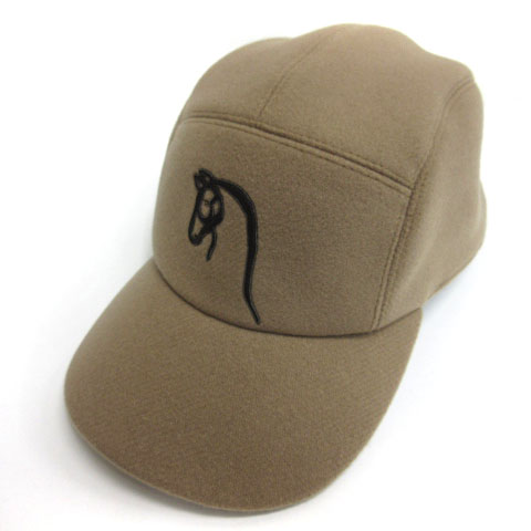 エルメス HERMES レザー ホース キャップ 帽子 ロゴ ウール 60 