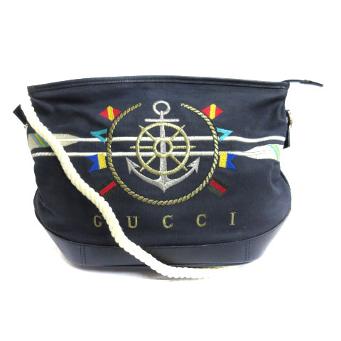 グッチ GUCCI キャンバス ショルダーバッグ 刺繍 マリン柄 ネイビー 