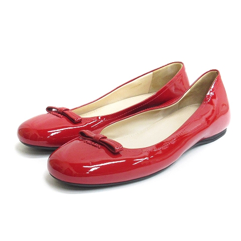 プラダ PRADA フラットシューズ パンプス リボン エナメル レザー 