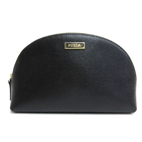 フルラ FURLA コスメポーチ ラウンドファスナー ロゴ レザー ブラック 