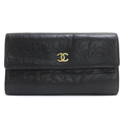 シャネル CHANEL カメリア ココマーク 二つ折り 長財布 ゴールド金具  