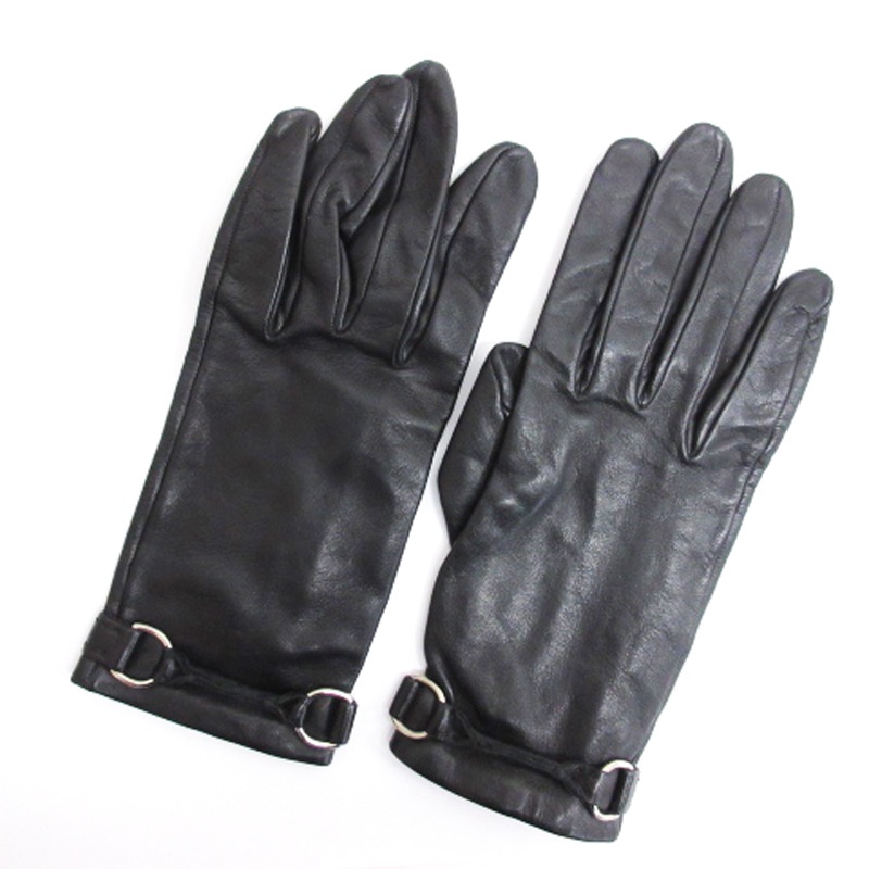 HERMES 革 レザー 手袋 グローブ 黒 ブラック シルバー 8ハーフ M Hermes - HERMES 革 レザー 手袋 グローブ 黒 ブラック シルバー 8