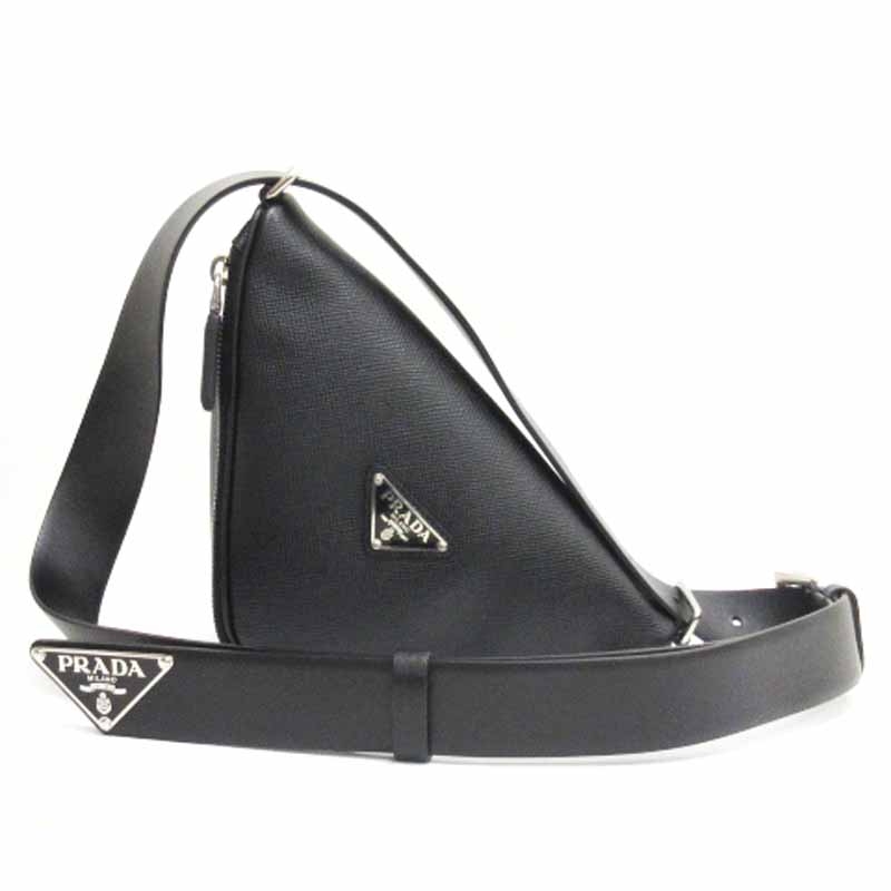 PRADA プラダ 三角プレート ショルダーバッグ ブラック PRADA - PRADA プラダ テスート 三角プレート ショルダーバッグ
