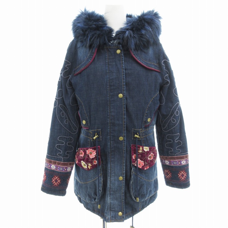 デシグアル Desigual デニム モッズコート ロング 中綿 裏地総柄 切替 36 インディゴブルー /GV レディース