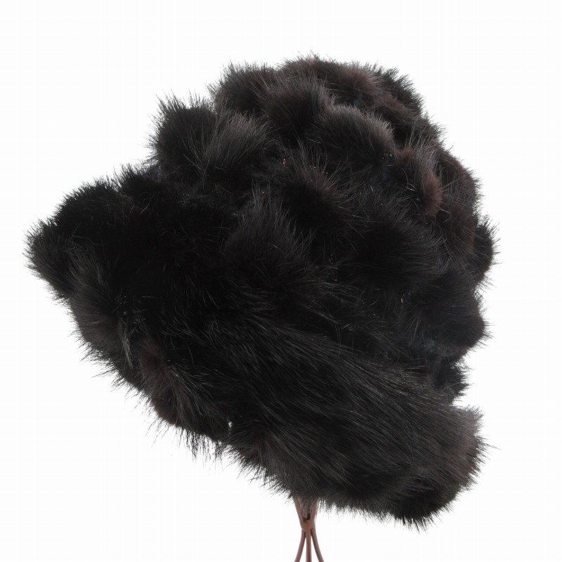 ミンク帽子(ブラック） ミンク ファー ボンボン付き 帽子 フォックス