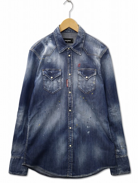 新品DSQUARED2 ディースクエアード　デニムシャツ　長袖ダメージ加工38 DSQUARED2 ディースクエアード フルボタン 長袖 デニムシャツ