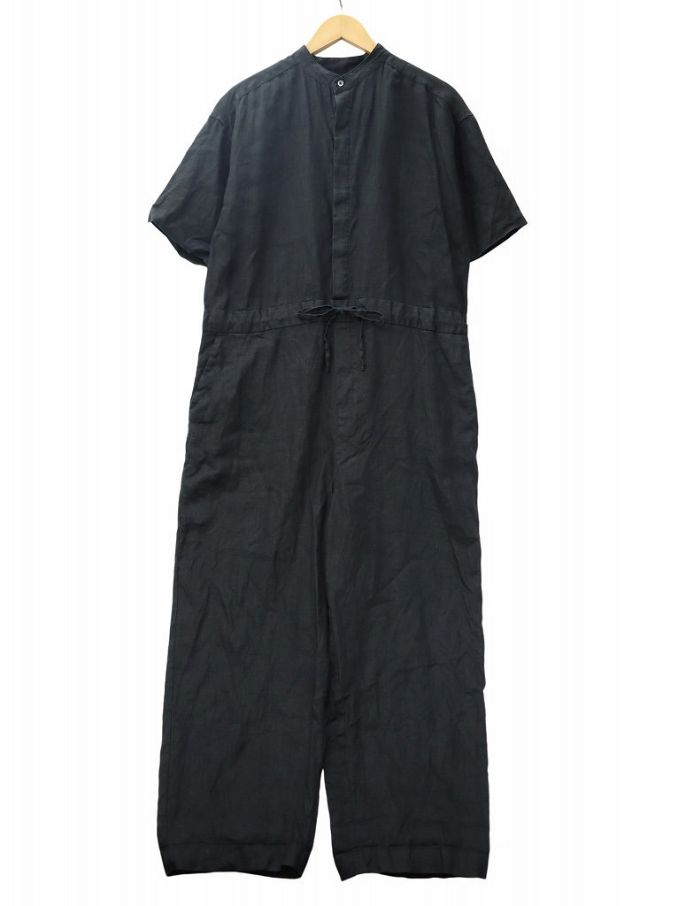 かぐれ　リネンハーフスリーブオールインワン　オーバーオール　ブラック　黒 かぐれ リネンハーフスリーブオールインワン オーバーオール ブラック