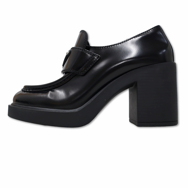 プラダ チョコレートブラッシュドレザーハイヒールローファー 36