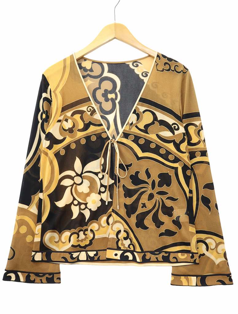 【中古】レオナール LEONARD Vネック 長袖 総柄 シアー カーディガン L ブラウン/ブラック/マスタード レオナール LEONARD Vネック 長袖 総柄 シアー カーディガン L BROWN