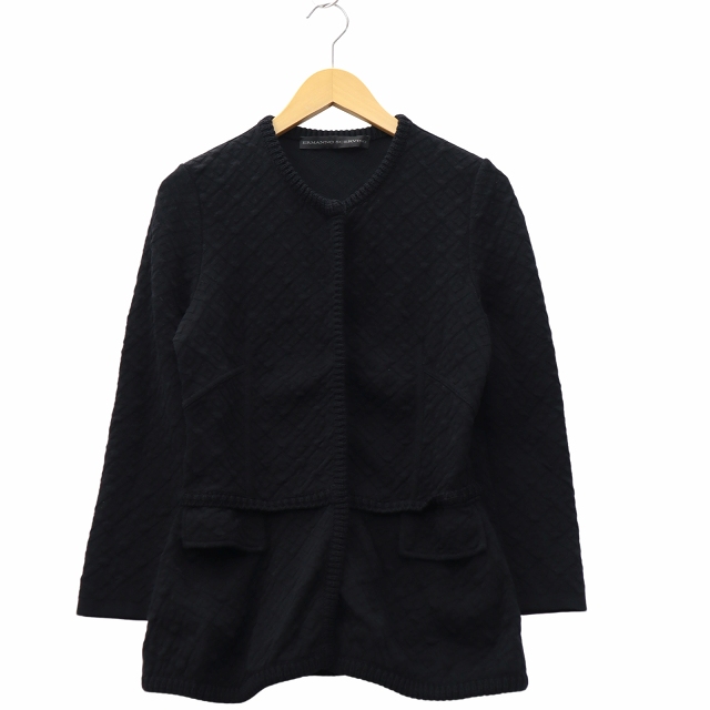 【中古】ERMANNO SCERVINO スクエア模様 長袖 クルーネック ボタンアップ カーディガン 40 BLACK ブラック レディース エルマノシェルビーノ ERMANNO SCERVINO スクエア模様 長袖 クルー
