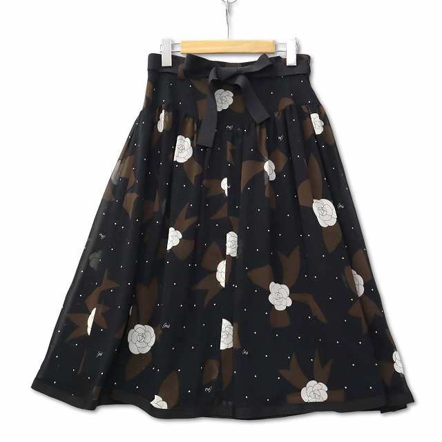 【中古】未使用品 エムズグレイシー M'S GRACY カメリア グログランリボン シフォンプリントスカート 38 レディース 未使用品 エムズグレイシー M'S GRACY カメリア グログランリボン