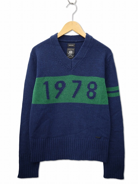 DIESEL メンズ　トップス　リブ　ニット　Vネック ディーゼル DIESEL Vネック 1978 ジャガード 長袖 ニット セーター L