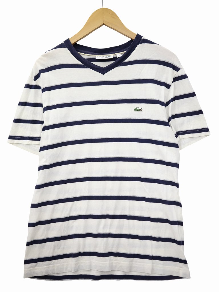ラコステ LACOSTE ロゴ刺繍 Vネック ボーダー カットソー Tシャツ M 