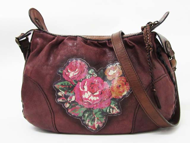 アナスイ ANNA SUI ショルダー バッグ お花プリント レザー 赤茶 