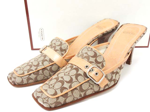 コーチ COACH GWYNNE ミュール ジャガード レザー 6.5 B ベージュ 