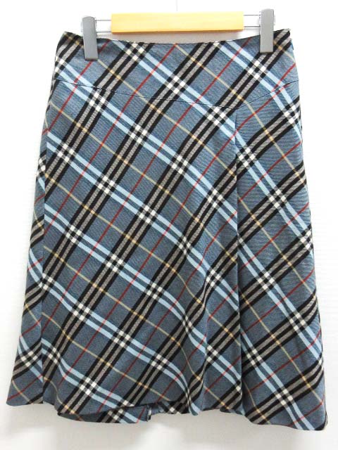 バーバリーブルーレーベル Burberry Blue Label スカート フレア スリット チェック ライトブルー 水 黒 ブラック 黄 イエロー 赤 レッド 38 総柄 ひざ丈 三陽商会 国内正規 レディース 0 ベクトルパーク