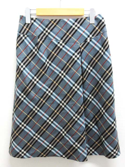 バーバリーブルーレーベル Burberry Blue Label スカート フレア スリット チェック ライトブルー 水 黒 ブラック 黄 イエロー 赤 レッド 38 総柄 ひざ丈 三陽商会 国内正規 レディース 0 ベクトルパーク