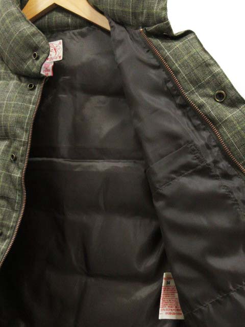 エヴィス EVISU ダウンベスト チェック カーキ ジップ ワッペン付き 34 