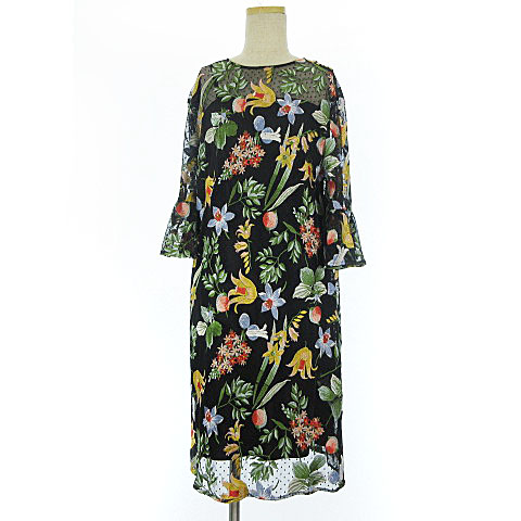 グレースコンチネンタル Grace Continental ワンピース チュール ボタニカル刺繍 5分袖 ドット シースルー ロング 黒 36 レディース 0 ベクトルパーク