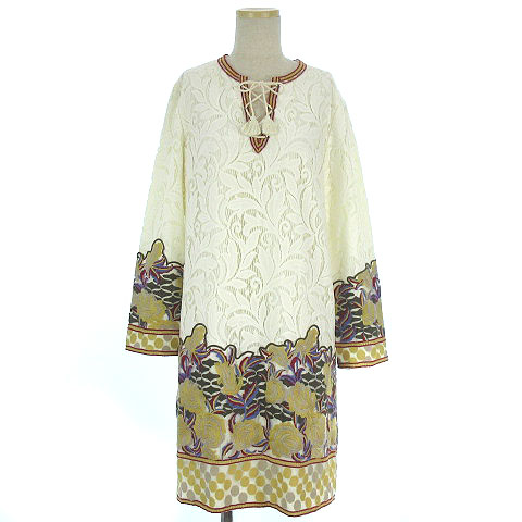 グレースコンチネンタル Grace Continental ワンピース 花刺繍 レース フロントレースアップ 長袖 エスニック 膝丈 36 白 ホワイト レディース 0 ベクトルパーク