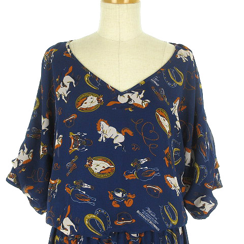 ロデオクラウンズ Rodeo Crowns ワンピース ロング マキシ シフォン 馬柄 Vネック 半袖 紺系 2 レディース 0 ベクトルパーク