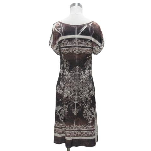 パープル レイン Purple Rain タイトワンピース 膝丈 パット付き ストレッチ Vネック 半袖 総柄 L ブラウン ホワイト 茶 白 レディース 0 ベクトルパーク