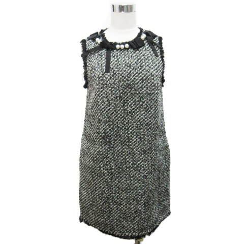 ドゥクラッセ Doclasse ワンピース ノースリーブ ツイード ミニ丈 装飾 パール リボン フリンジ ウール混 9 黒 ブラック 白 ホワイト レディース 0 ベクトルパーク