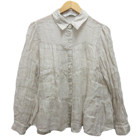 ザラ Zara シャツ シースルー 長袖 リネン 無地 L ベージュ レディース 0 ベクトルパーク