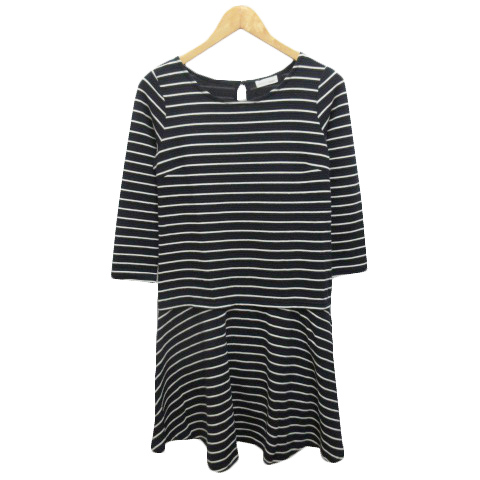 インデックス Index ワンピース 膝丈 長袖 ボーダー フリル ボートネック M ネイビー ホワイト 紺 白 レディース 0 ベクトルパーク