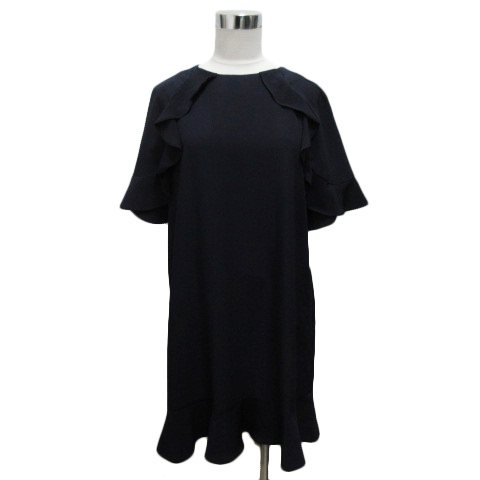 未使用品 ザラ Zara ワンピース ミニ丈 半袖 ボートネック フリル S 紺 ネイビー レディース 0 ベクトルパーク