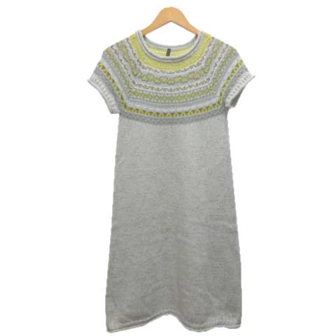 ユナイテッド カラーズ オブ ベネトン United Colors Of Benetton ニット ワンピース アーム付き シルク混 モヘヤ混 ウール混 膝丈 半袖 L グレー 黄色 イエロー レディース 0 ベクトルパーク