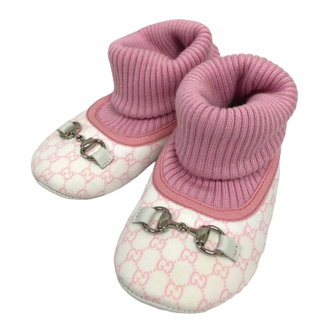 グッチ GUCCI ベビーシューズ ルームシューズ ロゴ 総柄 金具 ピンク  