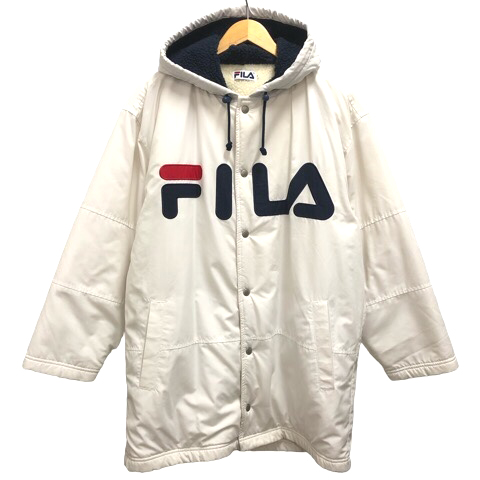 ☆FILA フード付きホワイトブルゾン☆ フィラ FILA ジャケット コート 裏ボア ロゴ 刺繍 ミドル丈 長袖 M 白