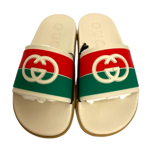 GUCCI グリーンレッド スライドサンダル Black Rubber Web Slide Sandal | GUCCI® SI